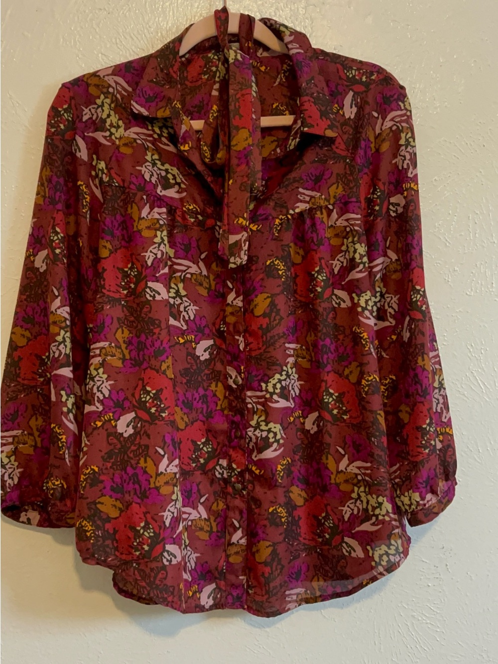 Fossil Burgundy and Pink Floral Tie-Neck Blouse